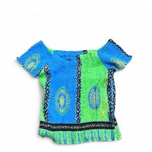 Boho Off-Shoulder Smocked Top Blue Green Paisley Short Sleeve Blouse ONE SIZE